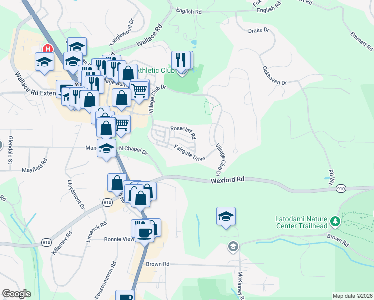 map of restaurants, bars, coffee shops, grocery stores, and more near 615 Fairgate Drive in Wexford