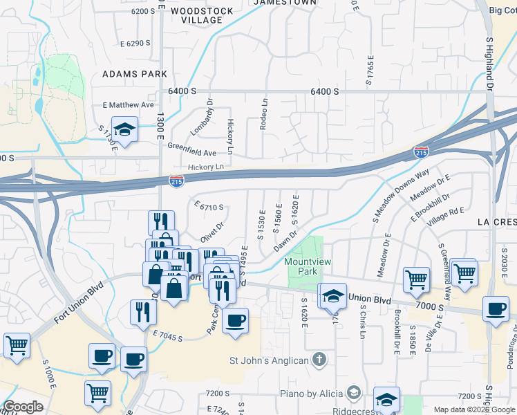 map of restaurants, bars, coffee shops, grocery stores, and more near 6712 South 1530 East in Cottonwood Heights