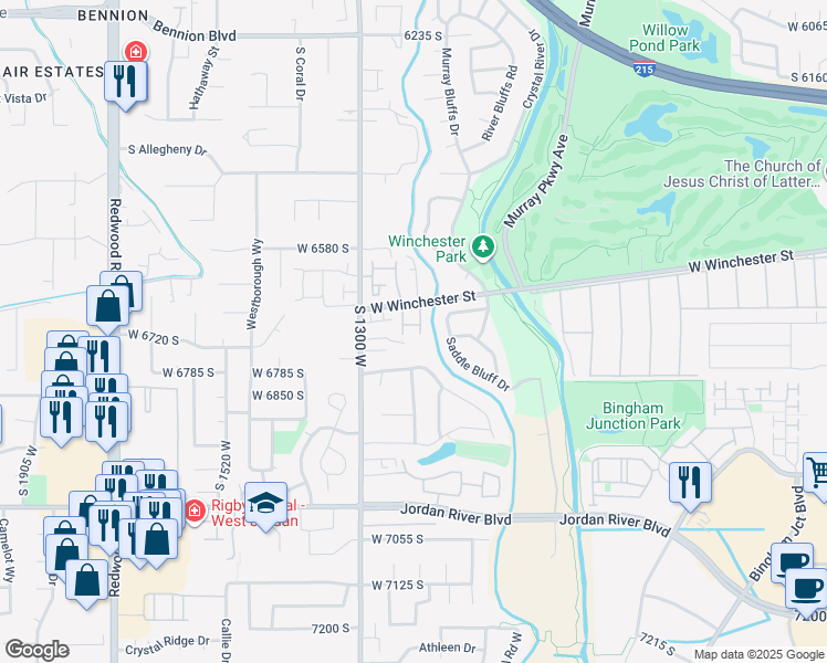 map of restaurants, bars, coffee shops, grocery stores, and more near 1253 Borthwick Way in Murray