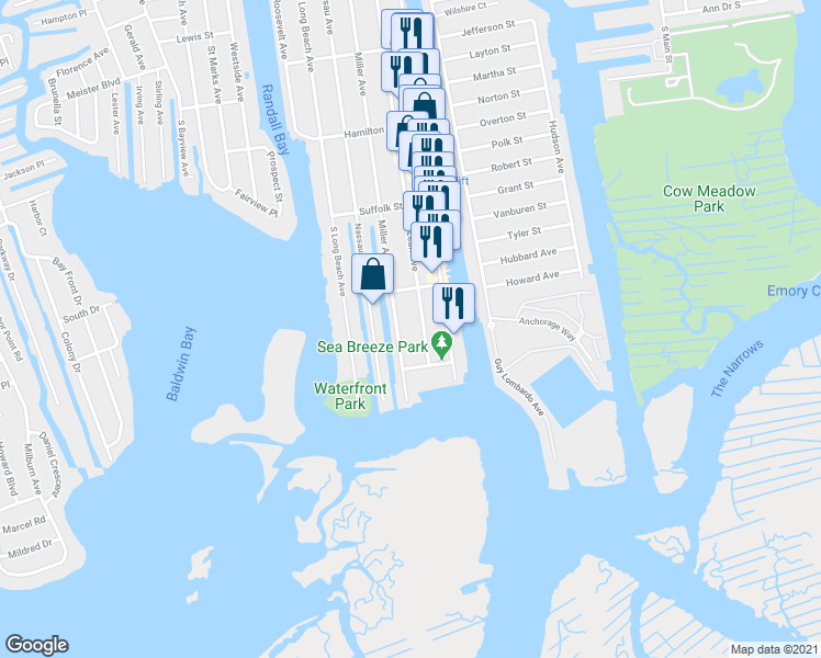 map of restaurants, bars, coffee shops, grocery stores, and more near 725 Miller Avenue in Freeport