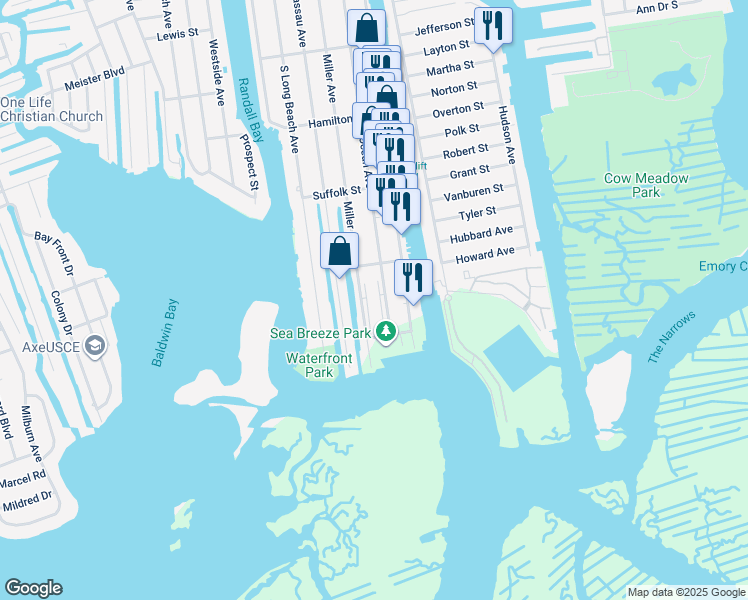 map of restaurants, bars, coffee shops, grocery stores, and more near 725 Miller Avenue in Freeport