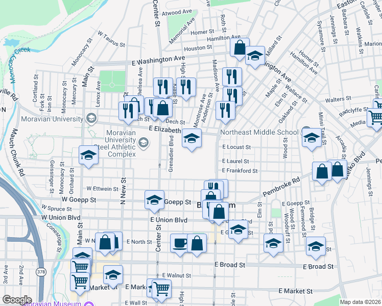 map of restaurants, bars, coffee shops, grocery stores, and more near 1115 Linden Street in Bethlehem