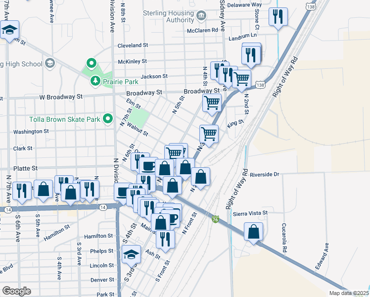 map of restaurants, bars, coffee shops, grocery stores, and more near 322 Walnut Street in Sterling