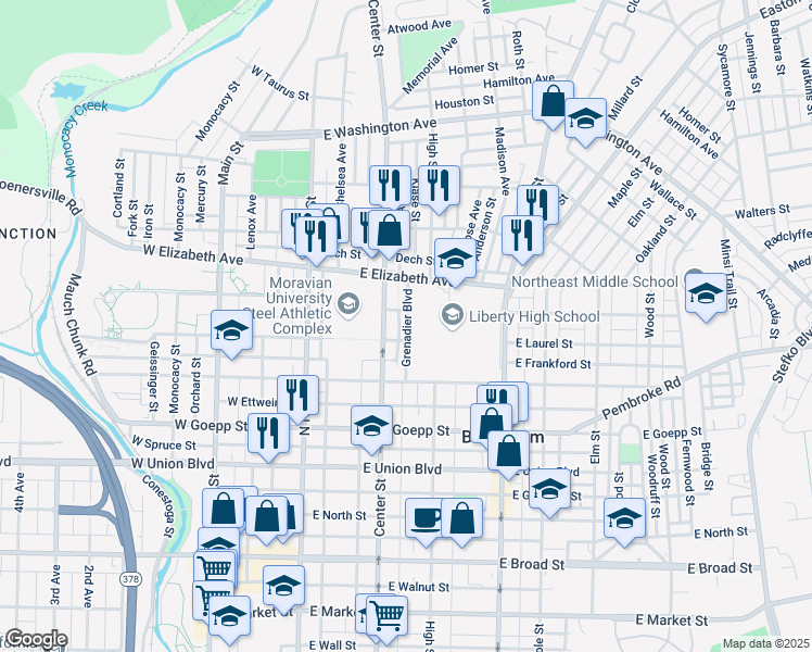 map of restaurants, bars, coffee shops, grocery stores, and more near 1104 Center Street in Bethlehem