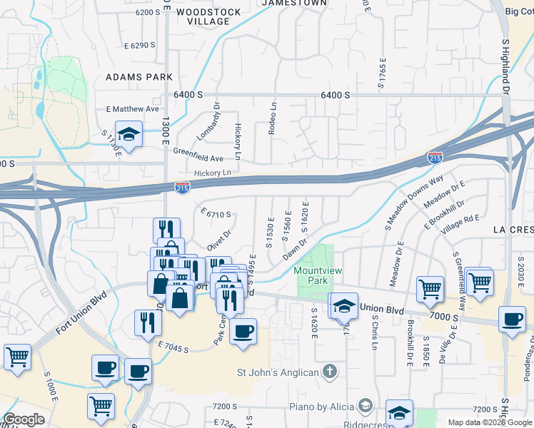 map of restaurants, bars, coffee shops, grocery stores, and more near 6712 South 1530 East in Cottonwood Heights