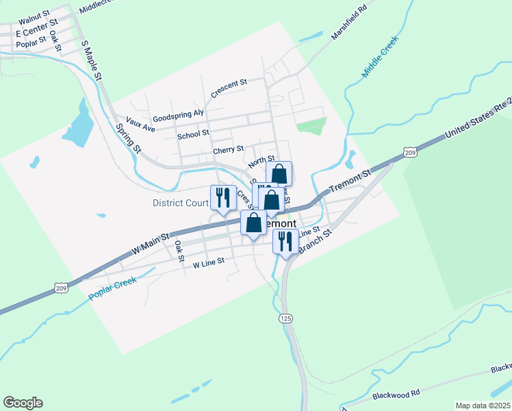 map of restaurants, bars, coffee shops, grocery stores, and more near 14 North Crescent Street in Tremont