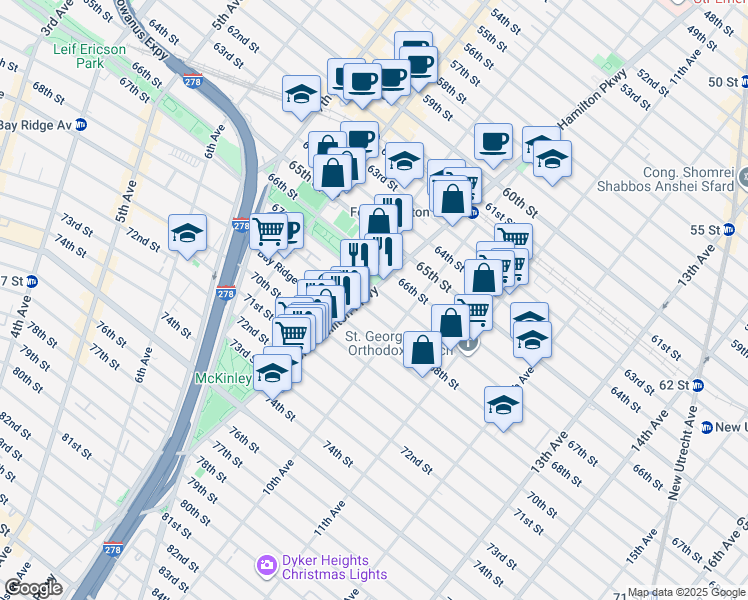 map of restaurants, bars, coffee shops, grocery stores, and more near 6711 Fort Hamilton Parkway in Brooklyn