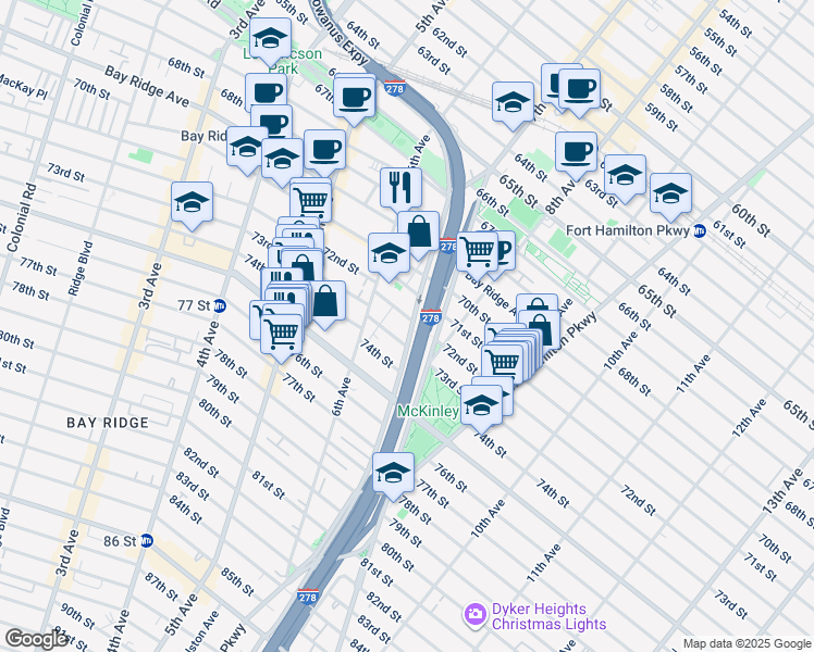 map of restaurants, bars, coffee shops, grocery stores, and more near 7212 7th Avenue in Brooklyn