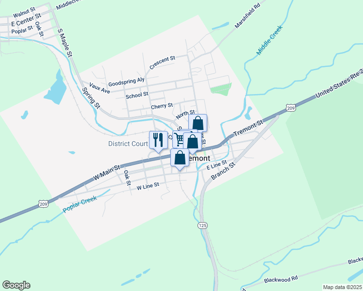 map of restaurants, bars, coffee shops, grocery stores, and more near 14 North Crescent Street in Tremont
