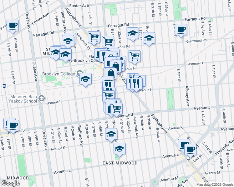 map of restaurants, bars, coffee shops, grocery stores, and more near Avenue I & East 31st Street in Brooklyn