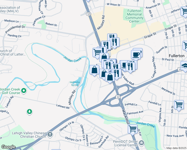 map of restaurants, bars, coffee shops, grocery stores, and more near 1578 Creekside Road in Fullerton