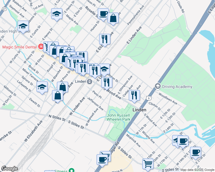 map of restaurants, bars, coffee shops, grocery stores, and more near 209 South Wood Avenue in Linden