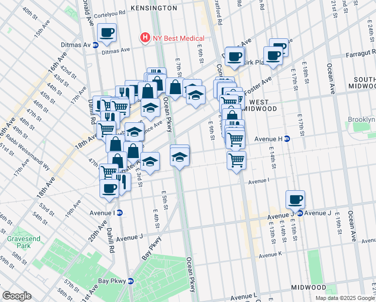 map of restaurants, bars, coffee shops, grocery stores, and more near 602 Avenue H in Brooklyn