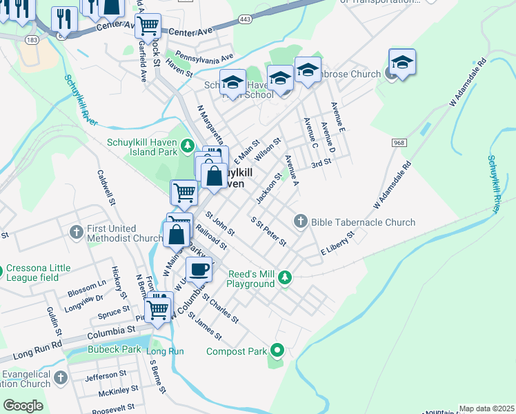 map of restaurants, bars, coffee shops, grocery stores, and more near 120 High Street in Schuylkill Haven