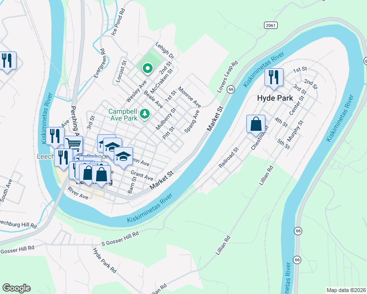 map of restaurants, bars, coffee shops, grocery stores, and more near 533 Market Street in Leechburg