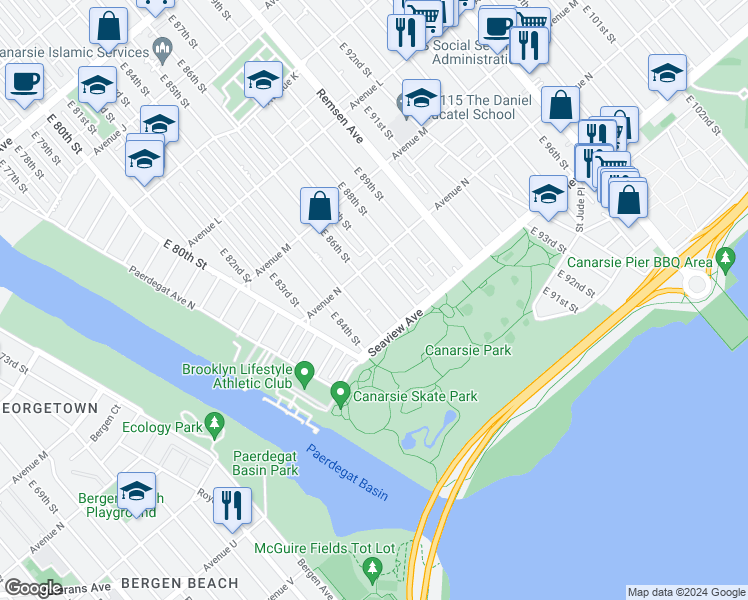 map of restaurants, bars, coffee shops, grocery stores, and more near 1456 East 86th Street in Brooklyn