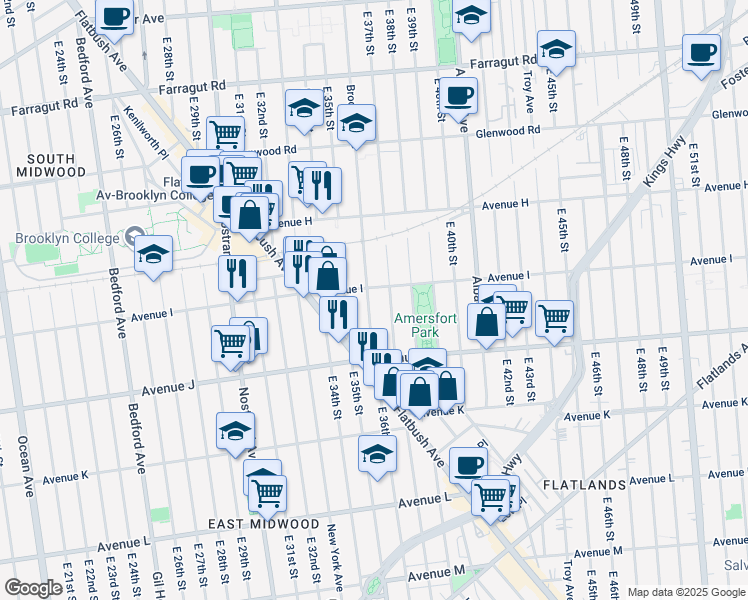map of restaurants, bars, coffee shops, grocery stores, and more near 1803 Brooklyn Avenue in Brooklyn