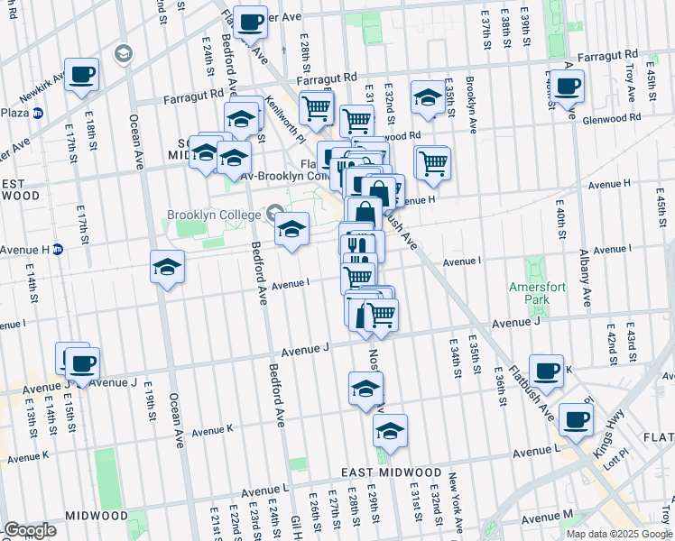 map of restaurants, bars, coffee shops, grocery stores, and more near 2823A Avenue I in Brooklyn