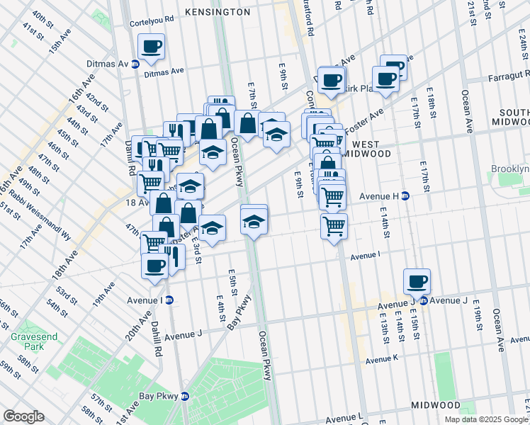 map of restaurants, bars, coffee shops, grocery stores, and more near 602 Avenue H in Brooklyn