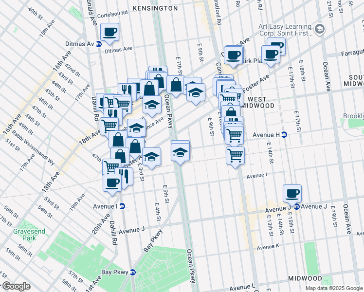 map of restaurants, bars, coffee shops, grocery stores, and more near 602 Avenue H in Brooklyn