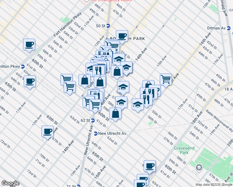 map of restaurants, bars, coffee shops, grocery stores, and more near 1431 57th Street in Brooklyn