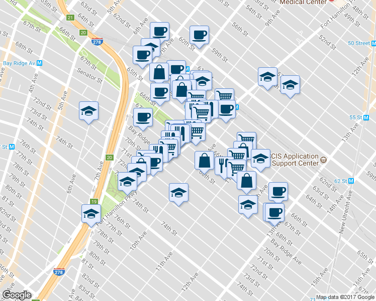 map of restaurants, bars, coffee shops, grocery stores, and more near 966 67th Street in Brooklyn
