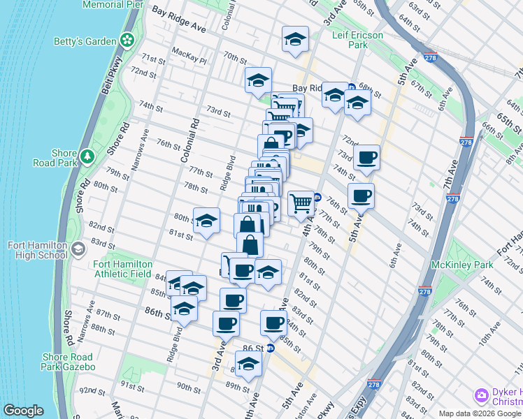 map of restaurants, bars, coffee shops, grocery stores, and more near 269 79th Street in Brooklyn