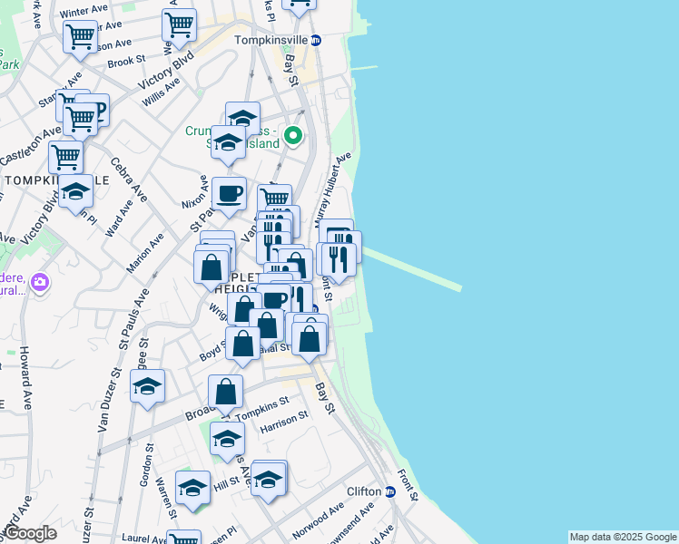 map of restaurants, bars, coffee shops, grocery stores, and more near 7 Navy Pier Court in Staten Island