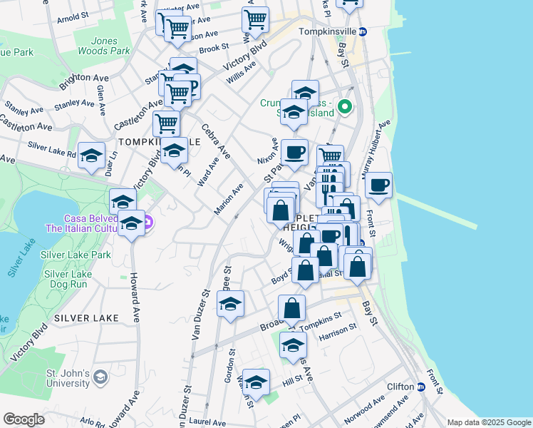 map of restaurants, bars, coffee shops, grocery stores, and more near 132 Beach Street in Staten Island