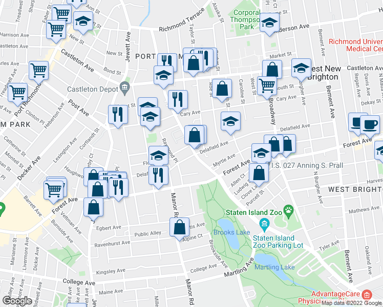 map of restaurants, bars, coffee shops, grocery stores, and more near 759 Delafield Avenue in Staten Island