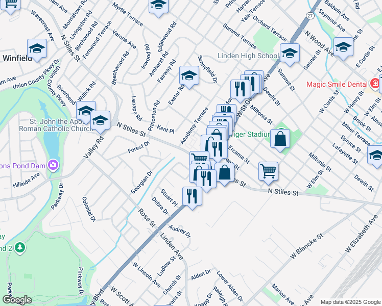 map of restaurants, bars, coffee shops, grocery stores, and more near 1165 North Stiles Street in Linden
