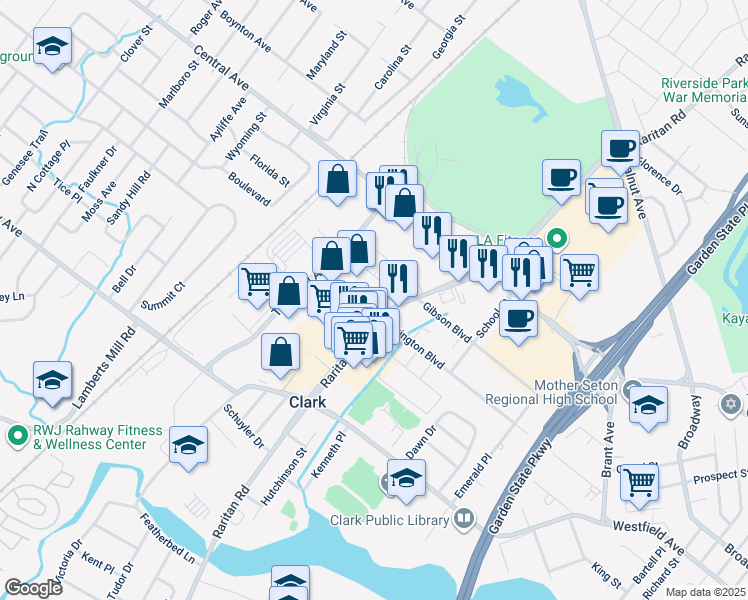 map of restaurants, bars, coffee shops, grocery stores, and more near 1108 Raritan Road in Clark