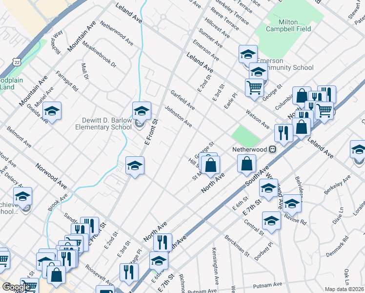 map of restaurants, bars, coffee shops, grocery stores, and more near 768-70 East 2nd Street in Plainfield