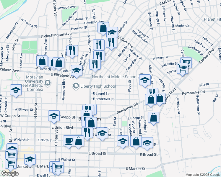 map of restaurants, bars, coffee shops, grocery stores, and more near 427 East Laurel Street in Bethlehem
