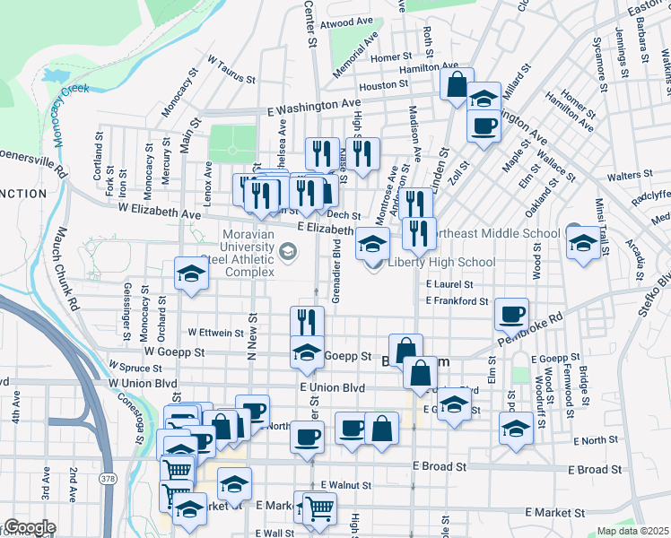 map of restaurants, bars, coffee shops, grocery stores, and more near 1104 Center Street in Bethlehem