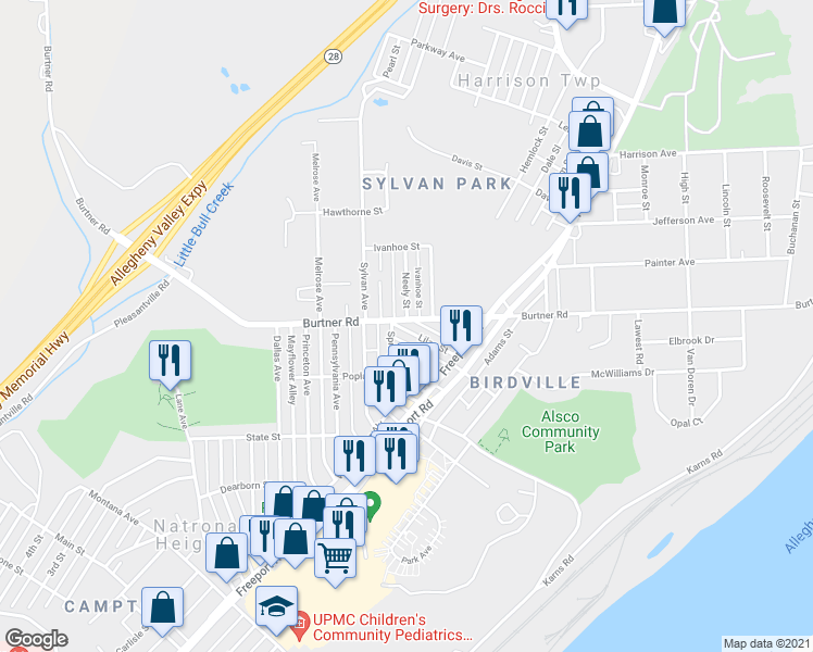 map of restaurants, bars, coffee shops, grocery stores, and more near 1418 Springhill Road in Natrona Heights