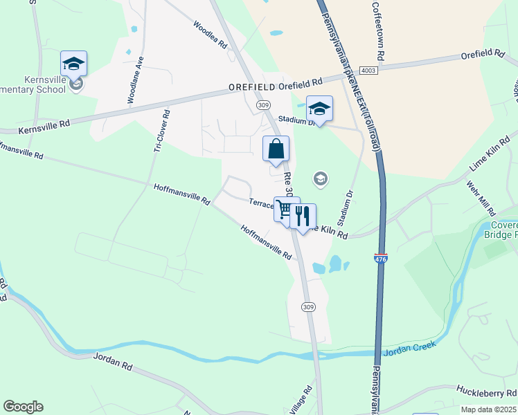 map of restaurants, bars, coffee shops, grocery stores, and more near 4656 Terrace Road in Lehigh County
