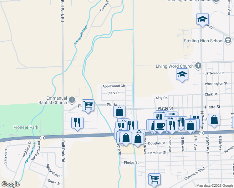 map of restaurants, bars, coffee shops, grocery stores, and more near 114 Applewood Circle in Sterling