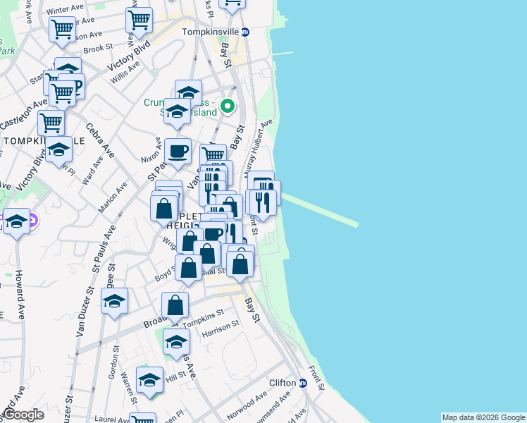 map of restaurants, bars, coffee shops, grocery stores, and more near 7 Navy Pier Court in Staten Island