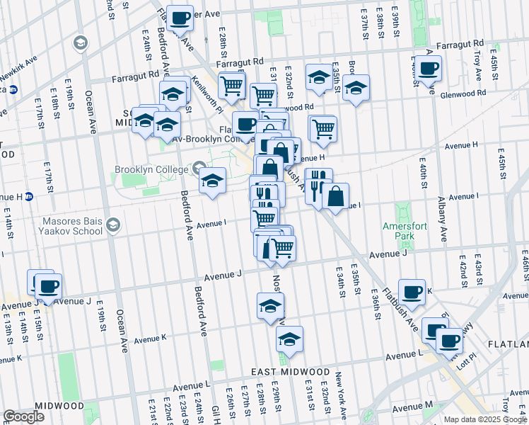 map of restaurants, bars, coffee shops, grocery stores, and more near 2281 Nostrand Avenue in Brooklyn