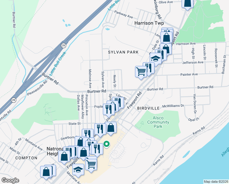 map of restaurants, bars, coffee shops, grocery stores, and more near 1034 Lilac Street in Natrona Heights