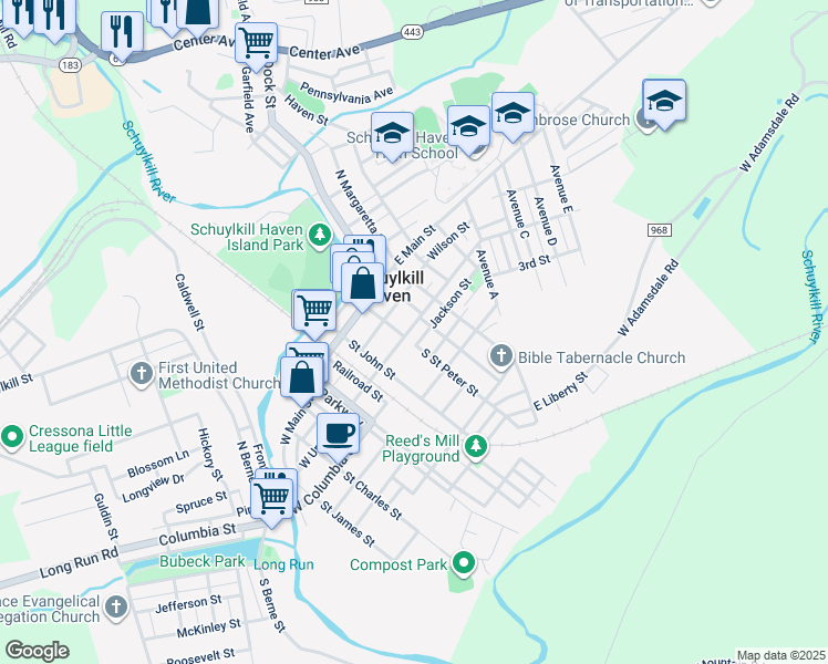 map of restaurants, bars, coffee shops, grocery stores, and more near 110 East Union Street in Schuylkill Haven