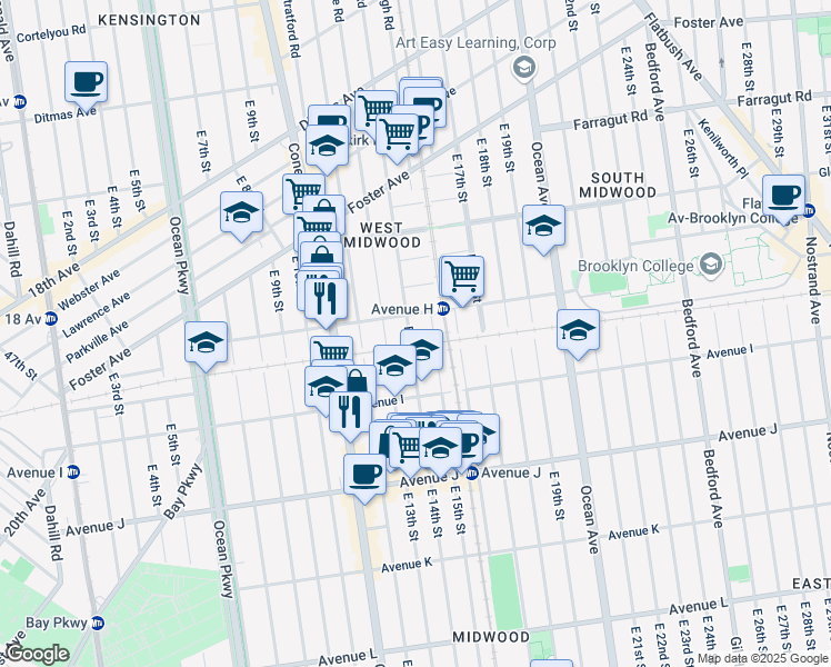 map of restaurants, bars, coffee shops, grocery stores, and more near 819 East 14th Street in Brooklyn