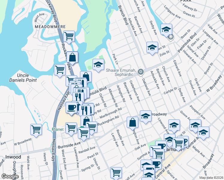 map of restaurants, bars, coffee shops, grocery stores, and more near 522 Albemarle Road in Cedarhurst