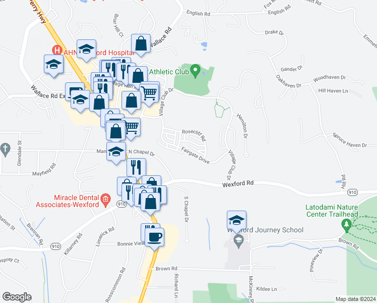 map of restaurants, bars, coffee shops, grocery stores, and more near 615 Fairgate Drive in Wexford