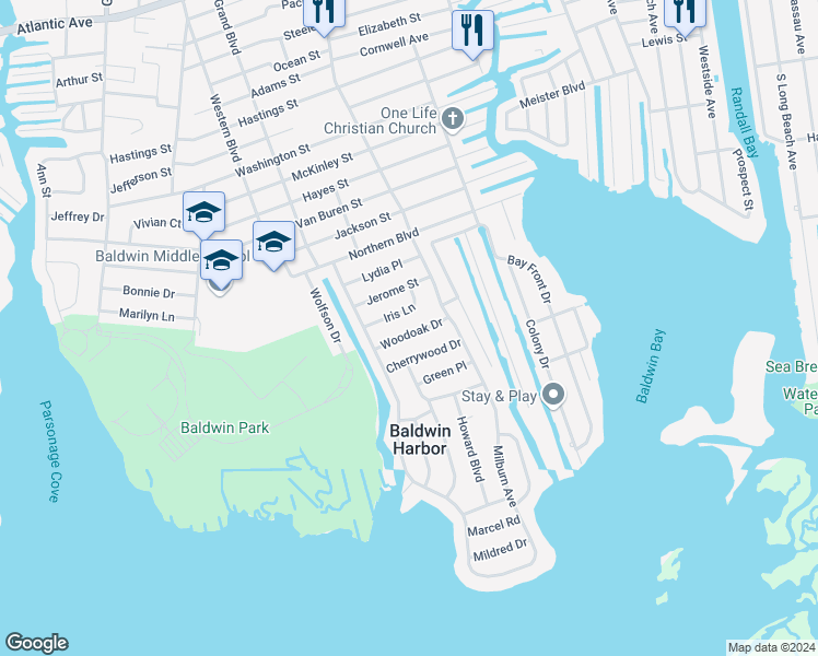 map of restaurants, bars, coffee shops, grocery stores, and more near 969 Woodoak Drive in Baldwin