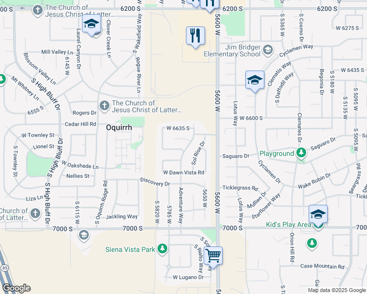 map of restaurants, bars, coffee shops, grocery stores, and more near 6706 Adventure Way in West Jordan