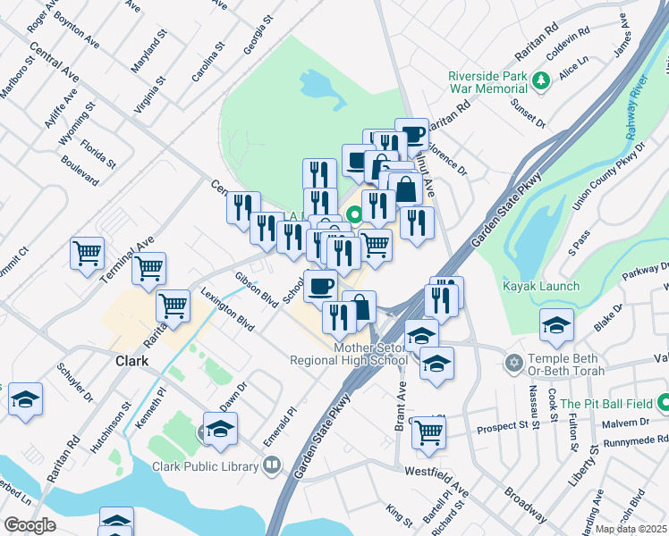 map of restaurants, bars, coffee shops, grocery stores, and more near 118 Central Avenue in Clark