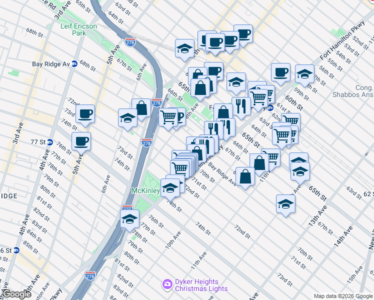 map of restaurants, bars, coffee shops, grocery stores, and more near 882 Bay Ridge Avenue in Brooklyn