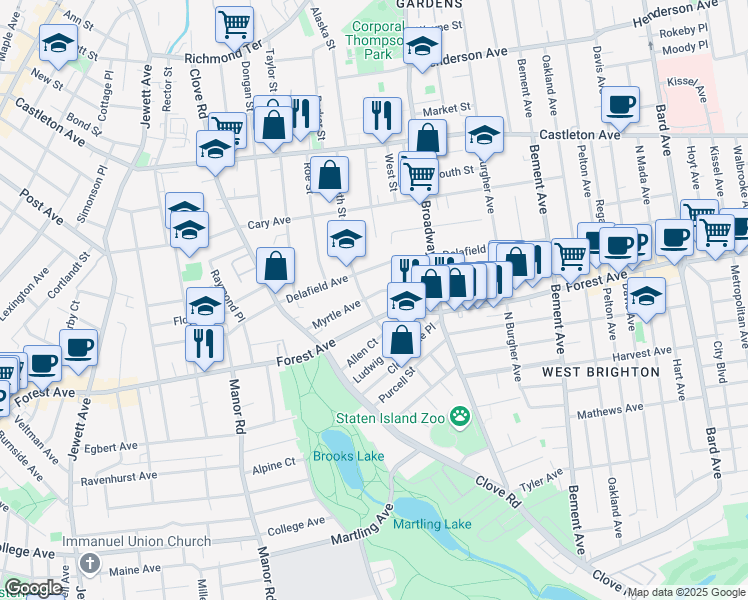map of restaurants, bars, coffee shops, grocery stores, and more near 218 Myrtle Avenue in Staten Island